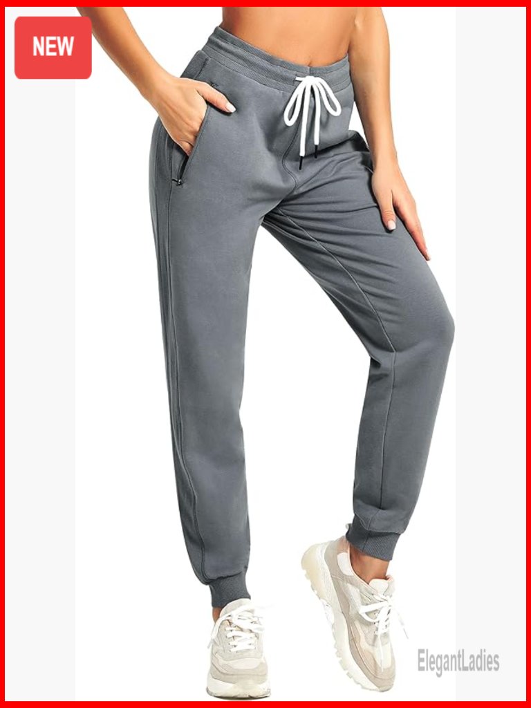 Women's High Rise Sweatpants With Zipper Pockets, Cotton Joggers For Workout